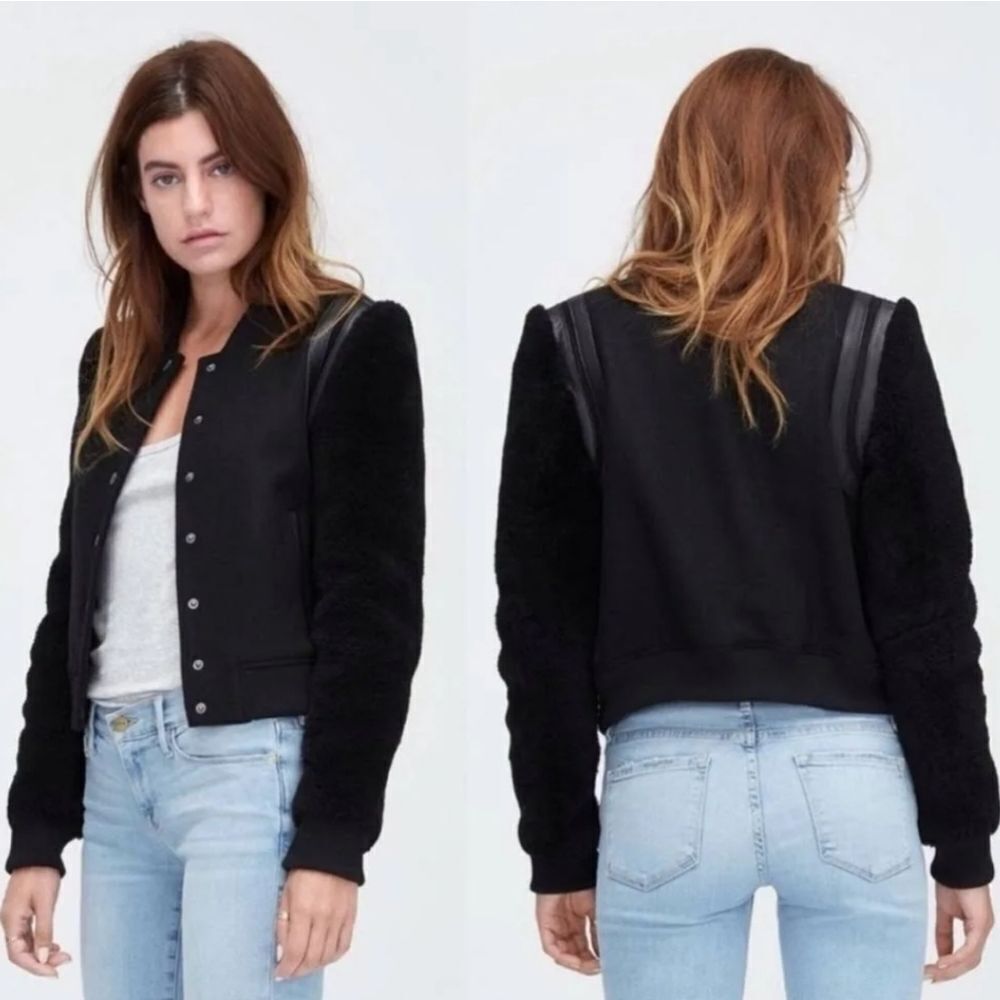 Ugg Australia Black Wool Lamb Sherpa & Leather Bomber Jacket Women's size Large